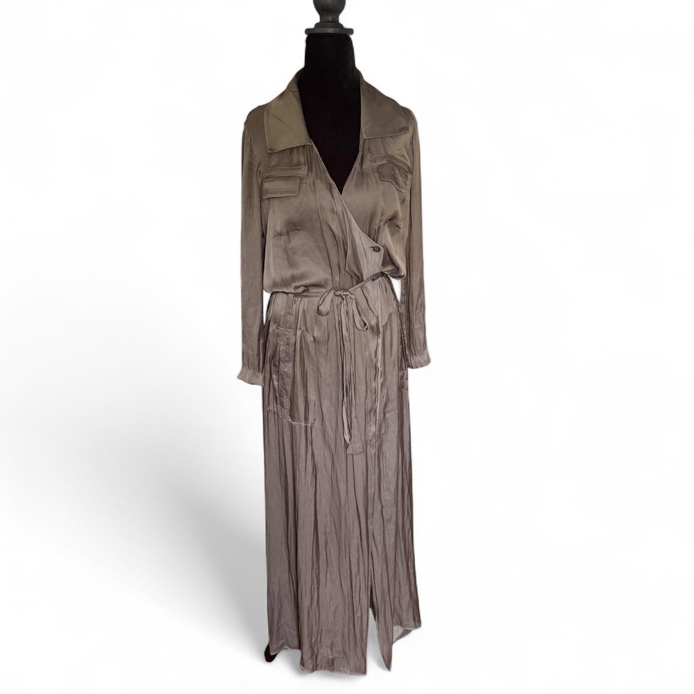 Max Azria Olive Brown Satin Maxi Dress Tie Waist Pocket XS